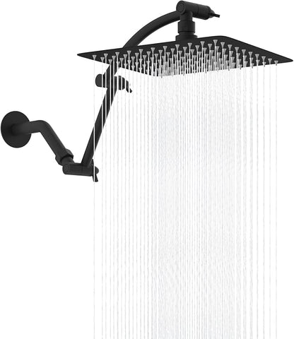 Hibbent All Metal cUPC Certified Rain Shower Head, 10'' High Pressure Rainfall Showerhead with 16" Shower Head Extension Arm, Solid Brass Adjustable Shower Arm Extender, fixed Showerheads, Matte Black