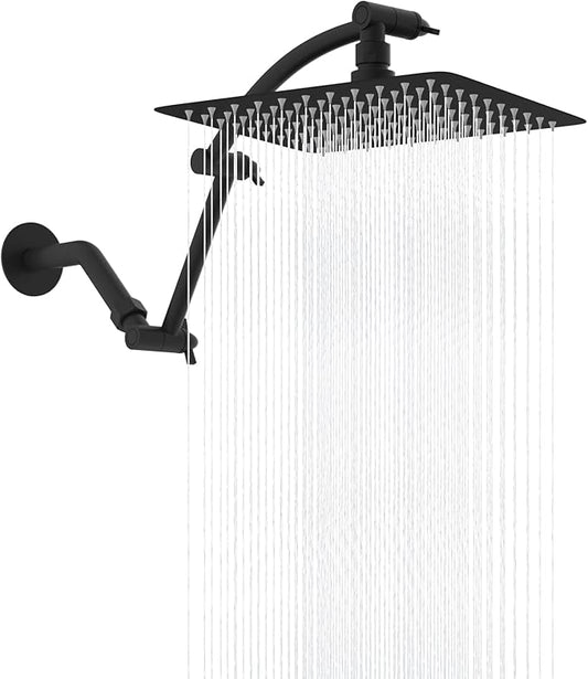 Hibbent All Metal cUPC Certified Rain Shower Head, 10'' High Pressure Rainfall Showerhead with 16" Shower Head Extension Arm, Solid Brass Adjustable Shower Arm Extender, fixed Showerheads, Matte Black