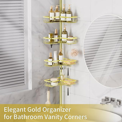 KEGII Corner Gold Shower Caddy Tension Pole - 4-Tier Rustproof Shower Rod Organizer, Floor to Ceiling Tension Rod 25-114.2 inch, Stainless Steel Corner Shower Shelf, Waterproof