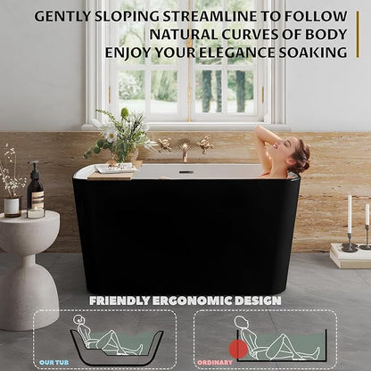 49" Freestanding Bathtub, Acrylic Sit-In Soaking Tub with Chrome Drain & Overflow, Glossy White Modern Design, Compact Space-Saving Bath for Bathrooms