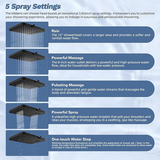 Hibbent Upgraded cUPC Certified 13'' Shower Head Combo, High Pressure 5-spray Rainfall Showerhead, Stainless Steel 4 Spray Handheld, All Metal 4-way Diverter Arm, 71'' Hose and Holder, Black