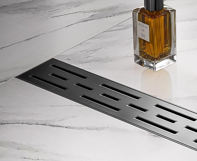 HEATGENE 24-Inch Linear Shower Drain in Matte Black - Stainless Steel Rectangular Shower Floor Drain - Removable Decorative Cover - Adjustable Leveling Feet - CUPC Certified