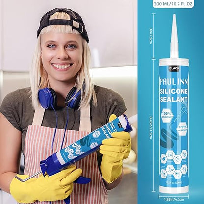 PAULINN Silicone Sealant Black, 100% Silicone Caulk Waterproof for RV, Kitchen, Bath, General Use, Window, Door, Glass, Marine, 10.2 Oz, 4 Packs