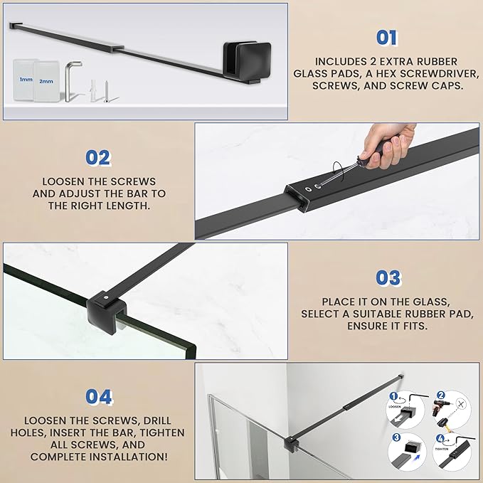 Shower Door Glass Support Bar, 26.96" to 48.54" Adjustable Stainless Steel Wall-to-Glass Shower Stabilizer Rod for 1/4", 5/16", 3/8", Matte Black