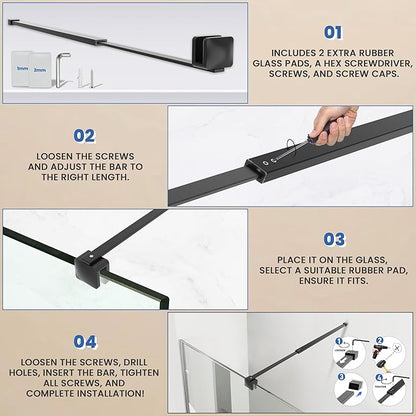 Shower Door Glass Support Bar, 26.96" to 48.54" Adjustable Stainless Steel Wall-to-Glass Shower Stabilizer Rod for 1/4", 5/16", 3/8", Matte Black