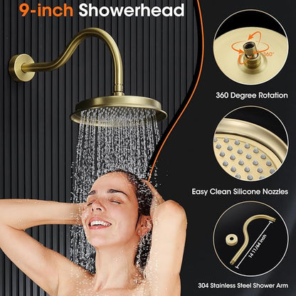 Antique Shower Faucet Set Brushed Gold, 9 inch High Pressure Rainfall Shower Head, Shower System with Pressure Balance Valve, Shower Trim Kit with Rough-in Valve (WT-9817BG)