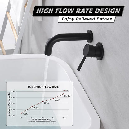 SUMERAIN Matte Black Tub Faucet Set Wall Mount Bathtub Faucet Single Handle, Rough-in Valve Included