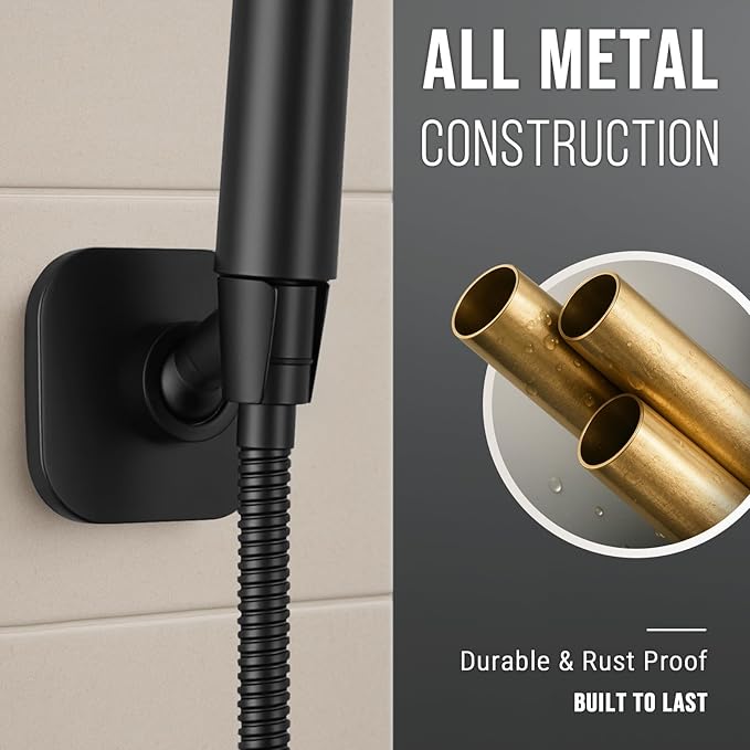 G-Promise All Metal Handheld Shower Head Holder, Adjustable Wall Mount Shower Wand Bracket, Strong Adhesive Disc Mount or Drill Installation (Matte Black)