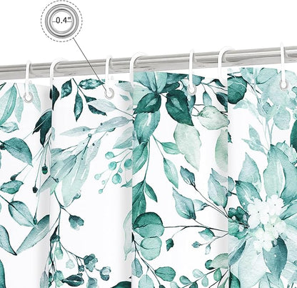 Gibelle Long Shower Curtain 72 x 78, Teal Floral Shower Curtain for Bathroom, Watercolor Plant Eucalyptus Leaves Fabric Shower Curtain Set