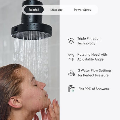 Qure Shower Filter Head for Hard Water, healthier Hair, Skin & Nails, Reduces 99% Chlorine, High Pressure Showerhead, Improve your Beauty and Skincare Routine, Dermatologist-approved - Black