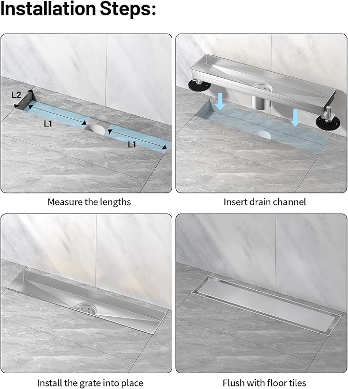 Linear Shower Drain, 304 Stainless Steel with Adjustable Leveling Feet, Hair Strainer,Reversely Install Place to Create an Invisible Floor Drain - Silver -48-Inch