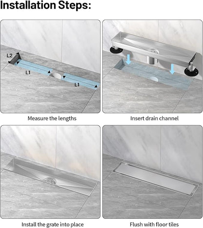 Linear Shower Drain, 304 Stainless Steel with Adjustable Leveling Feet, Hair Strainer,Reversely Install Place to Create an Invisible Floor Drain - Silver -24-Inch