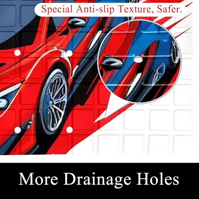 Bath Tub and Shower Mats, Non Slip Bathmat with Drain Holes and Suction Cups for Bathroom Floor, 15.1 x 26.8 Inch (Retro Race Car with Checkered Flag)