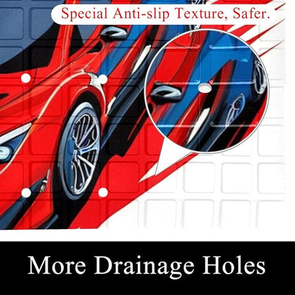 Bath Tub and Shower Mats, Non Slip Bathmat with Drain Holes and Suction Cups for Bathroom Floor, 15.1 x 26.8 Inch (Retro Race Car with Checkered Flag)