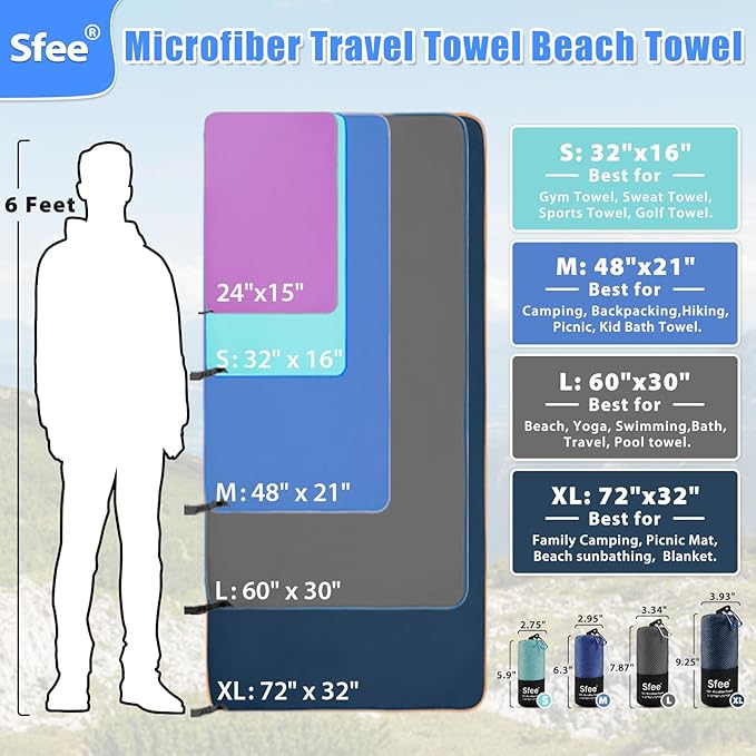 Sfee XL Microfiber Towel, Quick Dry Beach Towel Set 2 Pack - Super Absorbent, Lightweight, Compact, Bath Towel for Travel, Gym, Hiking, Pool, Backpacking, Yoga, Mint