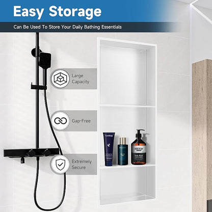 30" X 12" Stainless Steel Shower Niche Insert Tile Ready, Niche for Shower Wall, 3-Tier Recessed Shelves No Tile Needed for Bathroom Storage, White