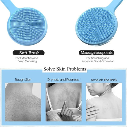 Silicone Back Scrubber for Shower, 17in Lengthen Long Handle Body Brush, Double Sided Shower Brush for Shower Exfoliating and Massage Can Produce Rich Foam, Long Handle Back Scrubber for Men