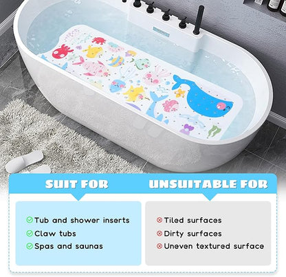Baby Bath Mat for Tub Non Slip Kids Bathtub Mat Extra Long 40X16 Inch Toddler Bath Tub Shower Mat Anti Slip with Suction Cups & Drain Holes, Machine Washable (Sea Fish)