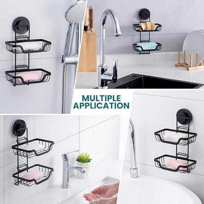 TAILI Double Layer Soap Dish Holder, Bar Soap Tray Suction Cup for Shower Wall, Draining for Bathroom, Rustproof Stainless Steel Sponge Holder for Tub, Kitchen, Drill-Free, Black