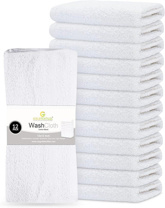GOLD TEXTILES 12 Pack Economy White Washcloths Set (12x12 inches) - Cotton Blend Commercial Grade Cleaning Rags, Quick Drying & Soft Face Cloths, Fingertip Towels for Bathroom, Spa, Gym, and Kitchen