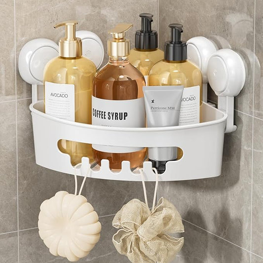LEVERLOC Corner Shower Caddy Suction Cup, Shower Caddy Basket Powerful Suction Bathroom, Waterproof & Rustproof Organizer for Bathroom Storage, No-Drilling Removable (White)
