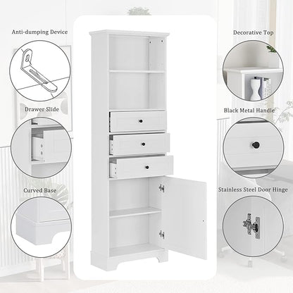 Harper & Bright Designs Storage Cabinet, 67.3 Inch Freestanding Tall Floor Bathroom Storage Cabinet with 3 Drawers, One Drawer, and Adjustable Shelves for Bathroom, Office, and Living Room (White)