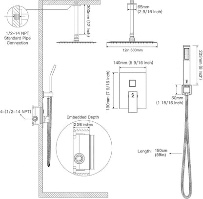 12 Inch Ceiling Mount Shower System Matte Black Rain Mixer Shower Combo Set High Pressure Rainfall Shower Head System Bathroom Luxury Shower Faucet Set Rough-in Valve and Shower Trim Included