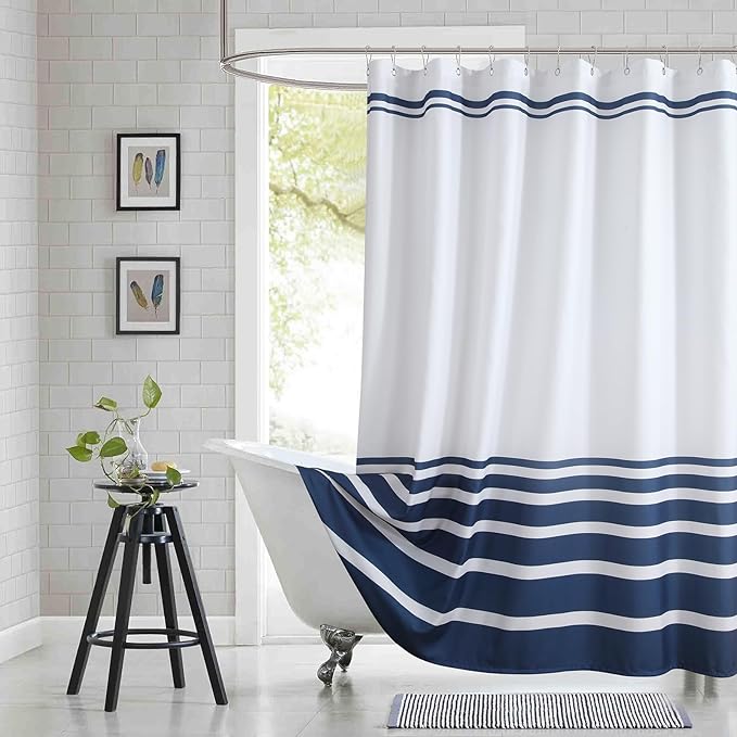 Blue and White Striped Shower Curtain 72x78 Inches, Waterproof Fabric with Modern Gradient Lines, 12 Rustproof Grommets & Weighted Hem
