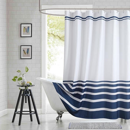72x90 Inch Extra Long Shower Curtain, Blue and White Ombre Striped Waterproof Fabric, Modern Hotel Spa Design with 12 Rustproof Grommets & Weighted Hem