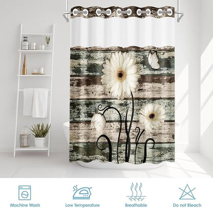 No Hook Vintage Flower Shower Curtain with Snap in Fabric Liner Set, Daisy Wooden Boards Double Layers Waterproof Fabric with See Through Top Window Open Grommet Bath Curtain 71x74 Inch