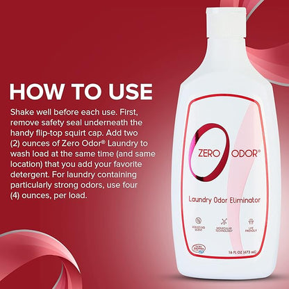 Zero Odor – Laundry Odor Eliminator - Permanently Eliminate laundry Odor – Patented Molecular Technology Best For Clothes, Towels & Linens, Shoes, Bags, Etc. - rinse and refresh Again, 16oz
