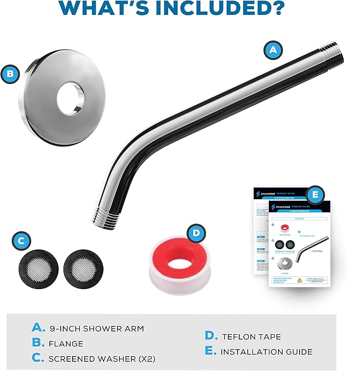 SparkPod 9 Inch Shower Arm with Flange - Solid Stainless Steel Shower Head Extension Arm, Wall-Mounted for Fixed & Handheld Showerheads- Teflon Tape Included (Tall 9", Luxury Polished Chrome)