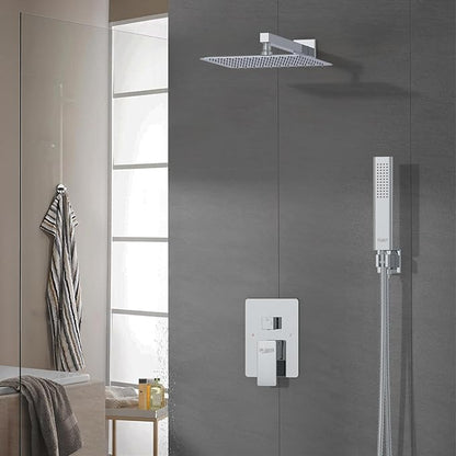 Iriber 12 Inch Bathroom Shower System Polish Chrome Wall Mounted Square Mixer Shower Faucet Combo Set with Hand Held Rough-in Valve Rainfall Shower and Trim