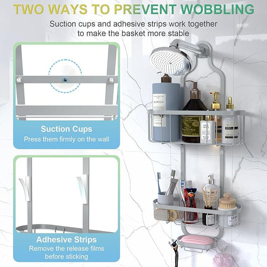 Kadolina Bathroom Hanging Shower Organizer, Over Head Shower Caddy Shower Storage Rack Basket with Hooks for Razor and Sponge Rustproof, Silver [Patented]