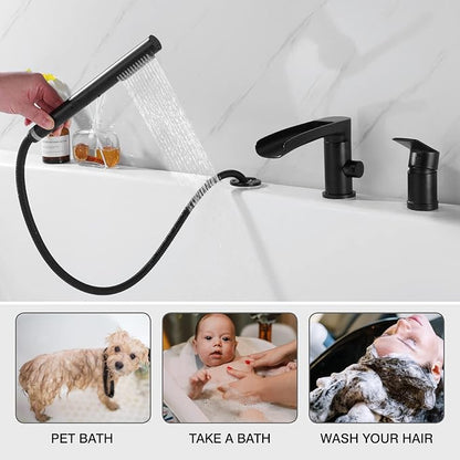 TapLong Waterfall Roman Tub Faucet with Hand Shower, Widespread Deck Mount Bathtub Faucet with Sprayer, Single-Handle 3-Holes Bathtub Shower Faucet Set in Matte Black, 03119B
