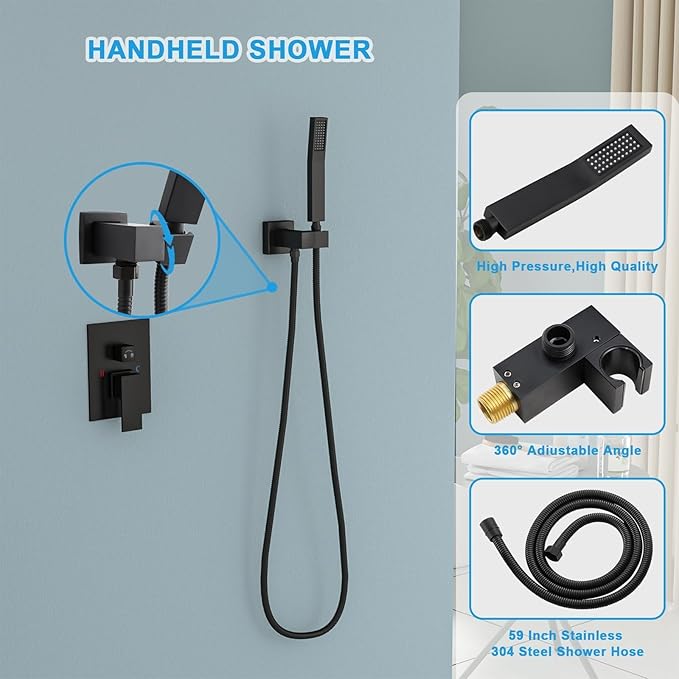 Rain Shower System - Lordear 10 Inch Rainfall Shower Head Faucet System Set Wall Mounted Matte Black Stainless Steel Square Shower Head with Handheld Combo, Brass Valve Included