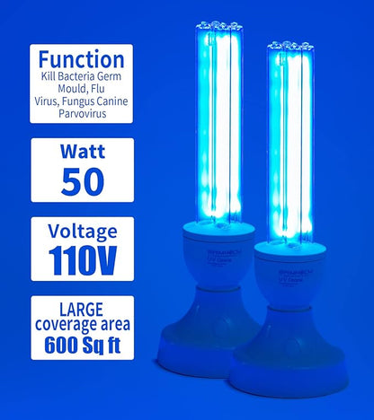 BAIMNOCM 50 Watt UV Light Sanitizer, UVC Germicidal Lamp with E26 Base and Remote Control, Home Disinfection Device UV Light Bulb for Basement/Bedroom/Kitchen, 2x25W Ultraviolet Light Lamp