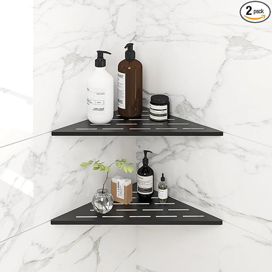 FerdY 2-Pack 10" Matte Black Recessed Corner Shower Shelf, for Tiled Bathroom Walls, 304 Stainless Steel Floating Shower Shelf, Shower Caddy Storage Shelves, No Drilling Required, Striped Triangle
