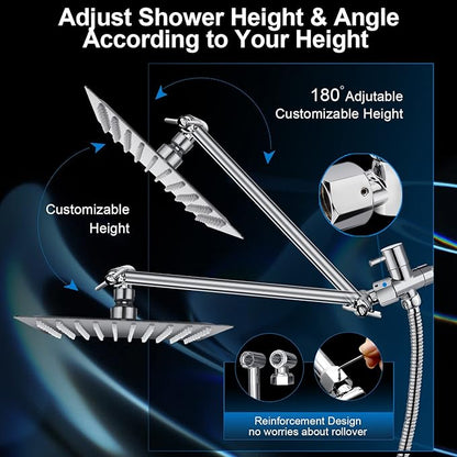 PinWin Modern 12" Large Square Rain Showerhead with 5 Modes Handheld Showerhead Combo, Adjustable Arm, Easy Tool-Free Installation