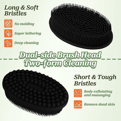 Soft Silicone Body Scrubber 2PCS, Dual-Side Silicone Loofah for Shower, Gentle Loofa Alternative, Replaceable Brush Head to be Used Alone or with Long Handle (Bluex2)