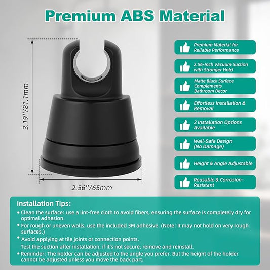 Hibbent 2 Pack Vacuum Suction Cup Shower Head Holder, Removable Shower Head Bracket, Height Adjustable Wall Mount ABS Plastic Suction Holder for Handheld Showerhead, Matte Black