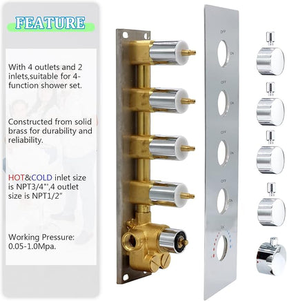 HOMEDEC 4-Way Shower Diverter Valve Can Run Together, Concealed Thermostat 5 Handles Shower Control Valve Flow Bathroom Faucet Mixer Valve Kit in Chrome
