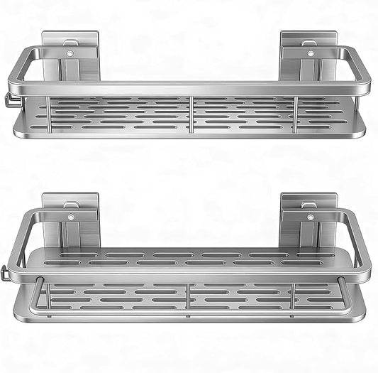 Shower Caddy Adhesive 2Pack with Hooks and Rod for Towels Silver-Premium Bathroom Shower Shelves Shampoo Organizer Rack Storage Bathtub Shelf Rustproof Easy Installation Sturdy Build Sleek Modern Look