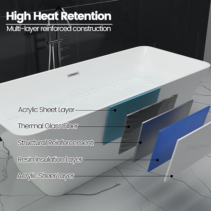 59 in Acrylic Freestanding Bathtub, Deep Soaking Tub with Non-Slip Base, cUPC Certified Free Standing Tub, Chrome Drain Bath Tub, Modern Tub for Bathrooms, White