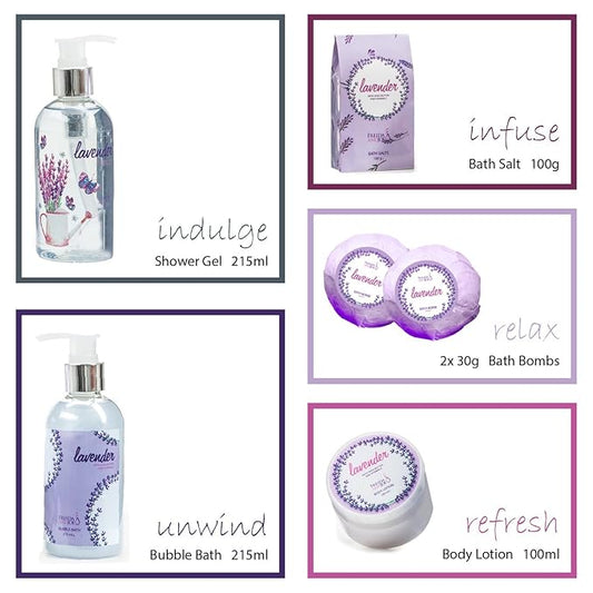 Aromatherapy Essentials Spa Set for Women in Large Silver Tub Bath Set Includes 2 Bath Bombs, Body Lotion, Bath Salts, Shower Gel, and Bubble Bath (Lavender)