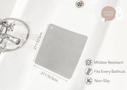 HEVEA Natural Rubber Wave Bath Mat – Square 21x21 in - Non-Slip Shower & Bathtub Mat with 364 Suction Cups, Plastic-Free & Biodegradable (Granite)