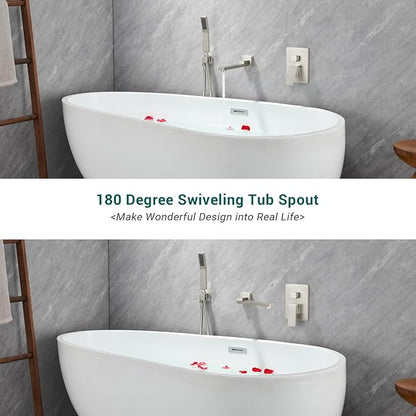 DASAN Swiveling Wall Mount Tub Filler Faucet Set with Hand Held Shower, Brushed Nickel Modern Creative Bathtub Faucet Wall Mounted Bath Tub Faucet with High Flow Rough in Valve, SA-TF05WH-BN