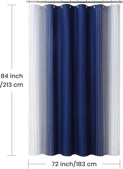 Extra Long Blue Shower Curtain, Modern Navy Blue and White Gradient Vertical Stripe Waterproof Polyester Shower Curtains for Bathroom, 72x84 Inches