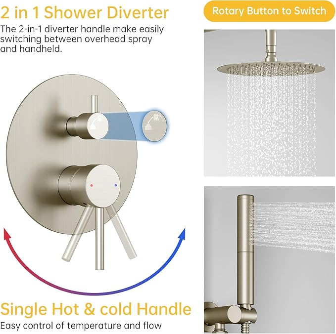 BESy Shower System with 10 Inch Round Rain Shower Head and Handheld Wall Mounted, High Pressure Rainfall Shower Faucet Fixture Combo Set with 2 in 1 Handheld Showerhead for Bathroom, Brushed Nickel