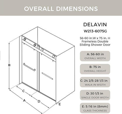 DELAVIN 56"-60" W x 75" H Frameless Shower Door, Double Sliding Shower Door, Glass Shower Door with 5/16" (8mm) Clear SGCC Tempered Glass, Explosion-Proof Film, Stainless Steel Hardware, Gold